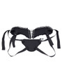 Rear view of neoprene strap-on harness showing secure fit and lace trim details