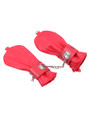 Pair of red PU leather pup play fist mitts connected by chain and locking cuffs