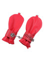 Pair of red PU leather pup play fist mitts connected by chain and locking cuffs