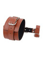 Brown PU leather thumb-to-wrist restraint cuff laid flat