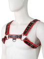 Red harness worn on mannequin showing front fit and structure