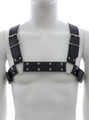 Frontal mannequin view of studded black chest harness