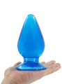 Front view of blue translucent teardrop anal plug resting on an open palm.