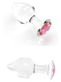 Pink gem crystal glass butt plug shown from multiple angles with clear glass body and polished jewel base