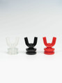 Clear, black, and red U-shaped mouth gag pieces for watersports play