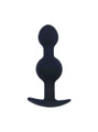Black silicone double-bulb anal plug with rounded tip, fuller lower bulb, and curved anchor base