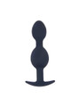 Black silicone larger dual-bulb anal trainer with smooth rounded bulbs and curved anchor base