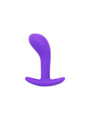 Medium purple curved silicone anchor butt plug with rounded curved tip and safety handle base