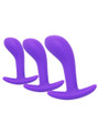 Purple silicone anchor handle butt plug set in three progressive sizes for anal training