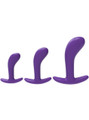 Purple curved silicone anchor butt plug training set with small, medium and large size options