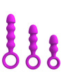 Purple beaded vibrating anal training set with 2, 3 and 4 bead plugs and ring handles