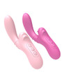 Light pink and dark pink tongue-licking massage vibrators with curved silicone shafts and button controls