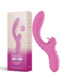 Dark pink tongue-licking massage vibrator with curved silicone shaft and retail box