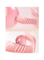 Close-up of pink thrusting vibrator showing ribbed shaft and textured external clitoral stimulator
