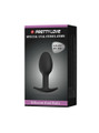 Black silicone rolling ball butt plug shown with retail packaging