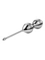 Silver double Kegel ball trainer with two textured balls and a long rounded retrieval stem