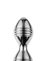 Detailed view of the ridged surface and narrow centre of a polished aluminum alloy Kegel trainer