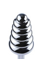 Close-up of the graduated ribbed head on a silver aluminium anal stimulator