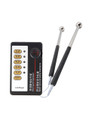 Pair of stainless steel E-Stim Drumsticks beside a compatible adjustable electro power unit