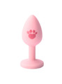 Pink mini silicone butt plug with tapered tip, paw print and flared base