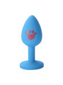 Blue mini silicone butt plug with tapered tip, paw print and flared base