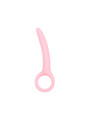 Pink Size 1 curved silicone ring handle butt plug measuring 108 mm (4.25 in) long and 18 mm (0.71 in) wide