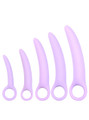 Purple curved silicone ring handle butt plug set in five progressive sizes
