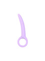 Purple Size 1 curved silicone ring handle butt plug measuring 108 mm (4.25 in) long and 18 mm (0.71 in) wide
