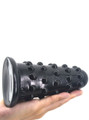 Black XL textured butt plug with 156 mm (6.14 in) total length and 72 mm (2.83 in) largest diameter shown across a hand