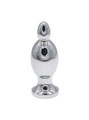 Silver stainless steel weighted butt plug with smooth bulb shape and flared base