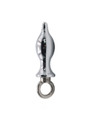 Silver alloy butt plug with tapered tip, curved body and metal attachment ring