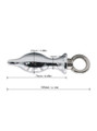 Silver alloy leash butt plug measuring 105 mm (4.13 in) overall, 75 mm (2.95 in) insertable, 27 mm (1.06 in) wide and 14 mm (0.55 in) at the neck