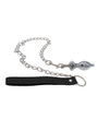 Silver alloy chain leash butt plug, metal chain and black wrist strap displayed separately