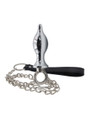 Silver alloy chain leash butt plug with attachment ring, metal chain and black wrist strap