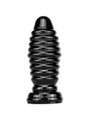 Black extreme ribbed barrel suction butt plug standing upright on a white background