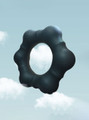 Black silicone cock ring floating on a cloud-style background.