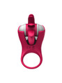 Back view of pink vibrating silicone cock ring showing wearable shaft loop and stimulation head.
