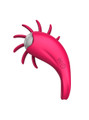 Side view of pink USB rechargeable vibrating cock ring with curved silicone body.