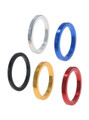 Five polished aluminium cock rings in black, gold, red, blue and silver.