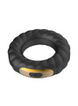 Black and gold Tire Grip vibrating cock ring with textured silicone body and single-button control panel.