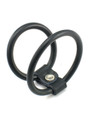 Black silicone double cock ring with two loop sizes and centre snap detail