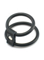 Double loop silicone cock and ball ring with snap connector on white background
