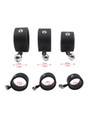 Three black silicone e-stim cock rings in 32 mm (1.26 in), 38 mm (1.49 in) and 41 mm (1.61 in) inner diameters with hanging bells