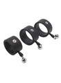 Black e-stim silicone cock rings with snap contact points and bell attachments