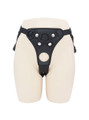 Front view of black faux leather strap-on harness with round front opening and metal hardware.
