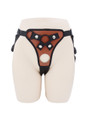 Front view of Brown faux leather strap-on harness with round front opening and metal hardware.