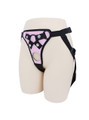 Pink faux leather strap-on harness colour option with black trim, front opening and side straps.