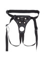 Black open back strap-on harness with adjustable straps, front rings and snap hardware.