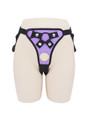 Front view of Purple faux leather strap-on harness with round front opening and metal hardware.