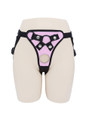 Front view of Pink faux leather strap-on harness with round front opening and metal hardware.